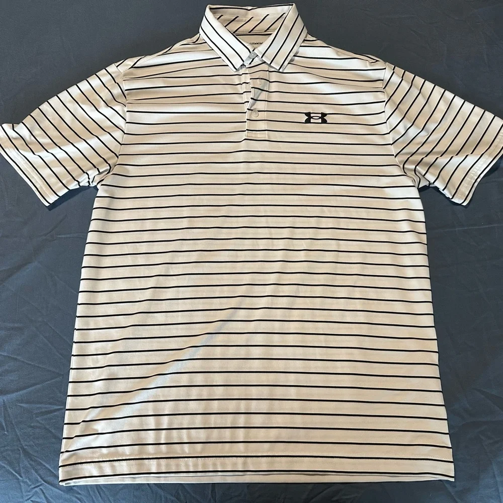 Under Armour Men's Striped Golf Polo Shirt - Black and White - Picture 1 of 3
